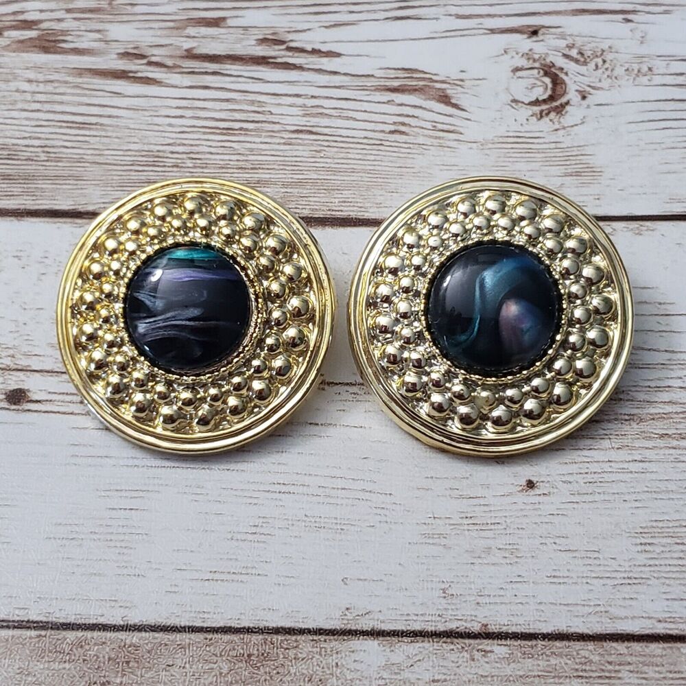 Vintage Clip On Earrings - Large Gold Tone with Dark Multi Colored Center
